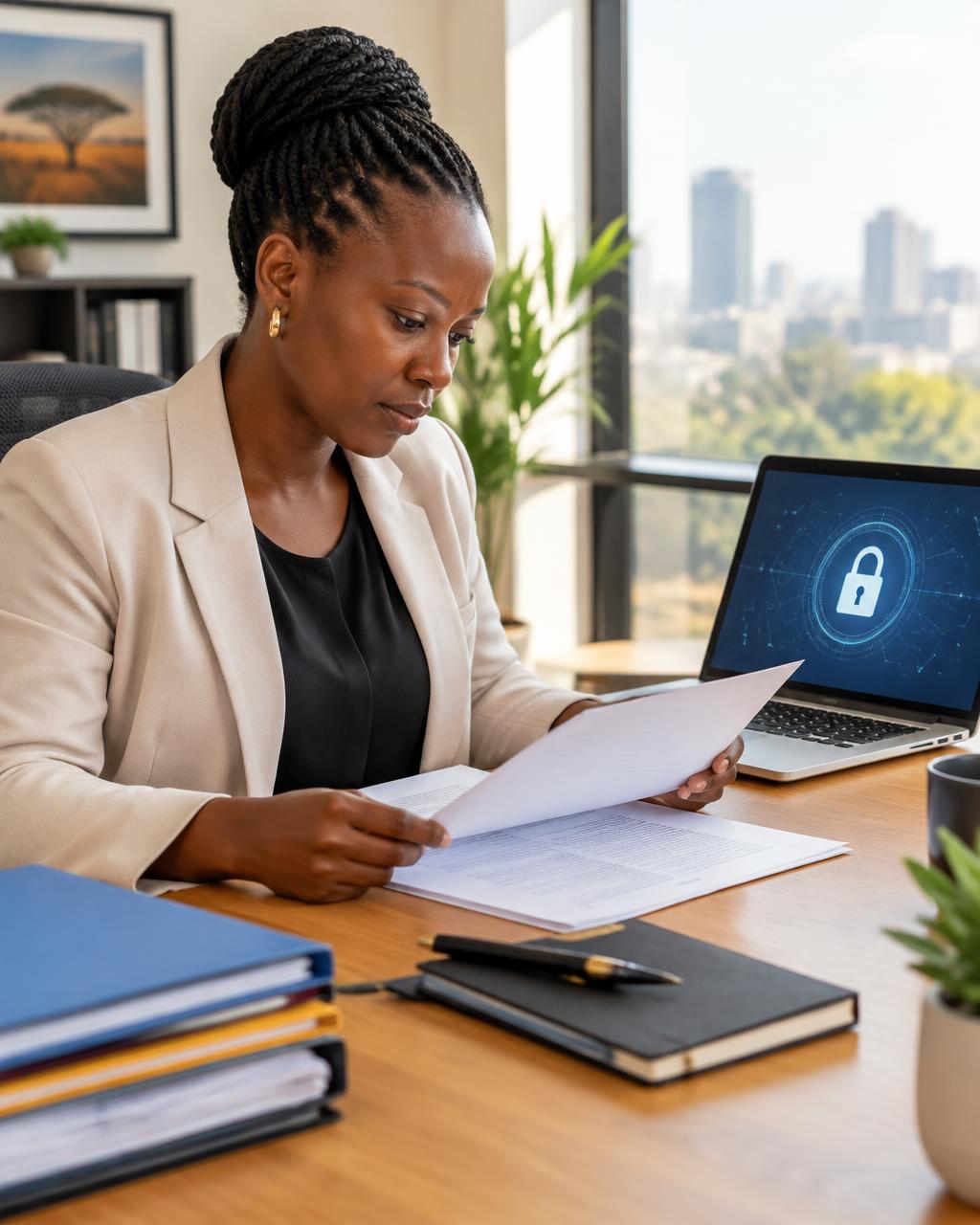 A data protection consultant reviewing privacy policy documents beside a laptop showing a security padlock