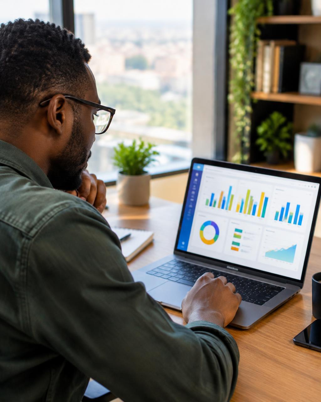 An analyst reviewing a live data dashboard with charts on a laptop