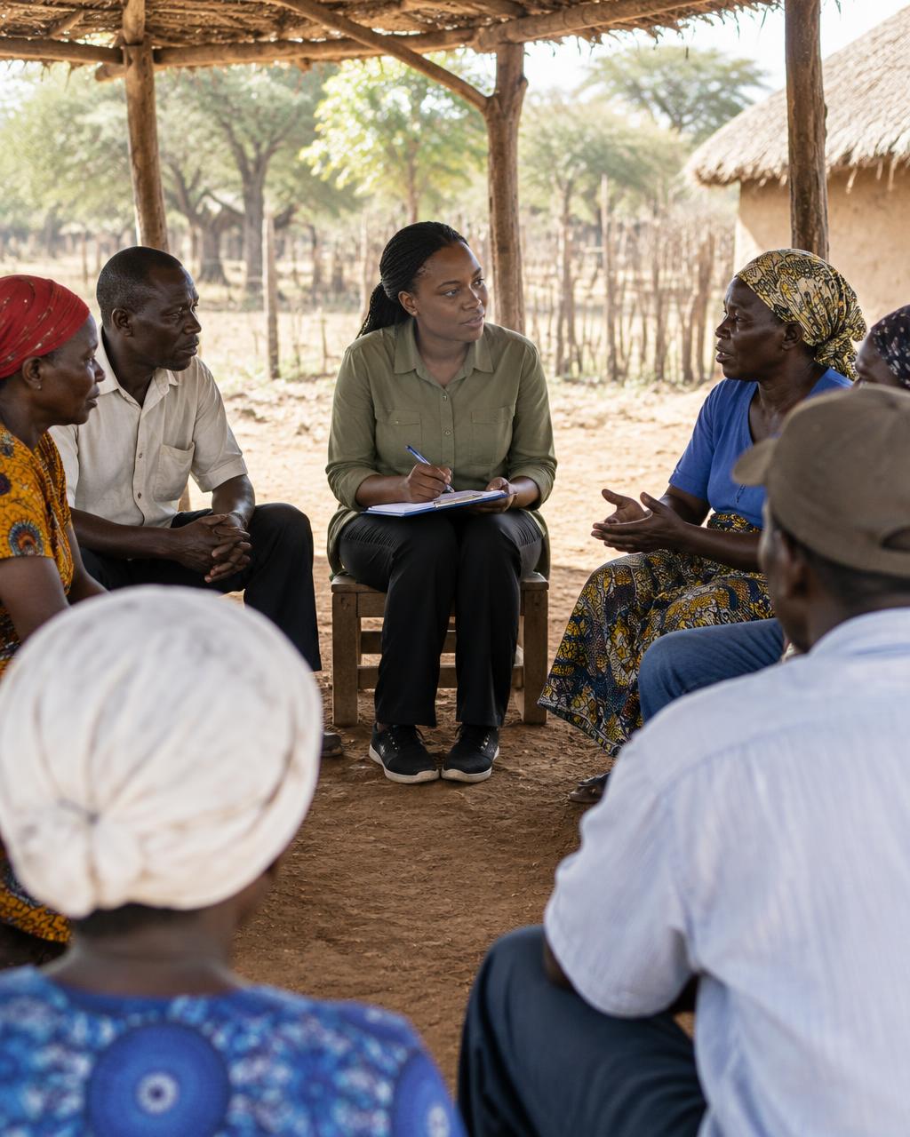 A research moderator leading a focus group discussion with community members in rural Kenya